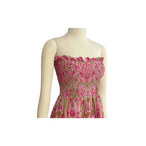 1990s Pink & Green Mod Paisley Strapless Smock Bodice Maxi Boho Dress Size Small - Picture 2 of 9
